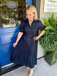 PLEATED EYELET MIDI DRESS