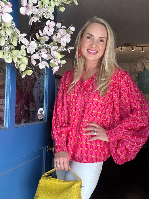 PINK BUBBLE SLEEVE BLOUSE TOP