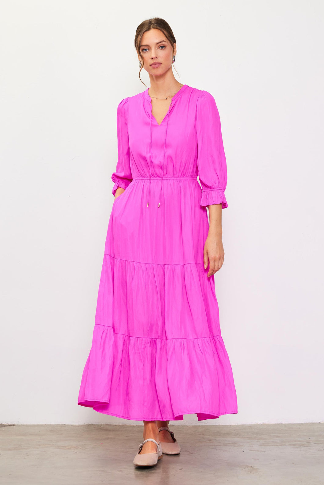 HOT PINK RUFFLE TIERED MAXI DRESS