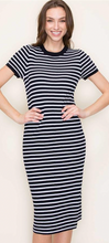 NAVY STRIPE KNIT MIDI DRESS