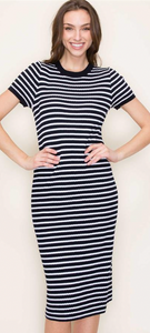 NAVY STRIPE KNIT MIDI DRESS