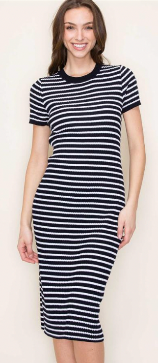 NAVY STRIPE KNIT MIDI DRESS