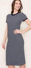 NAVY STRIPE KNIT MIDI DRESS