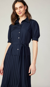 PLEATED EYELET MIDI DRESS