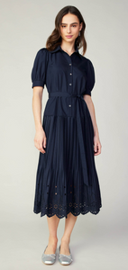 PLEATED EYELET MIDI DRESS