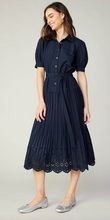 PLEATED EYELET MIDI DRESS