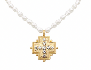 CRYSTAL CROSS BAROQUE PEARL NECKLACE